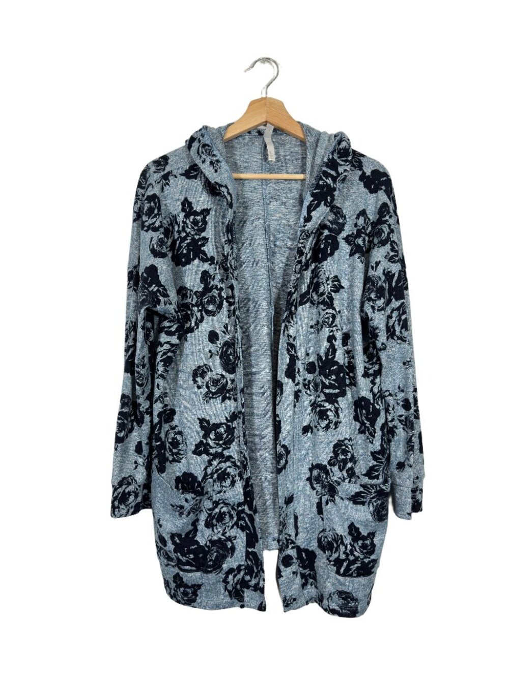 Cozy Women's Floral Hooded Duster Cardigan Large Blue Casual Cozy Fall Layering